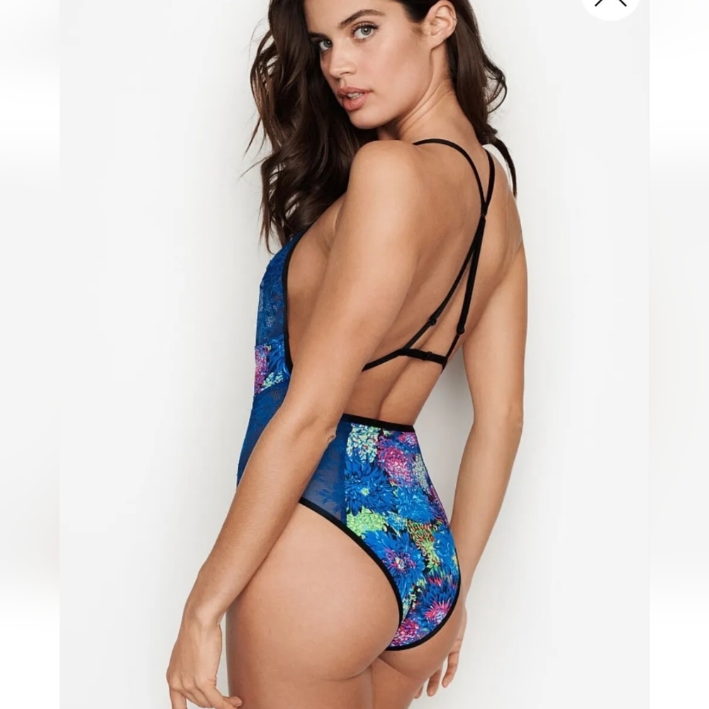 VICTORIA x MARY KATRANTZOU Plunge Bodysuit Teddy Floral BLUE Lingerie Medium - Picture 3 of 10
